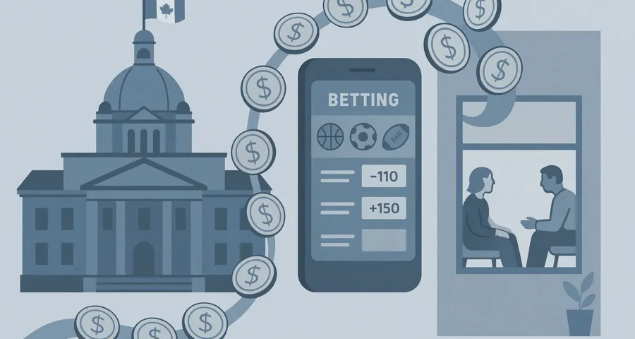 Illustration of gambling revenue flowing from an online betting app into a treatment and counselling service