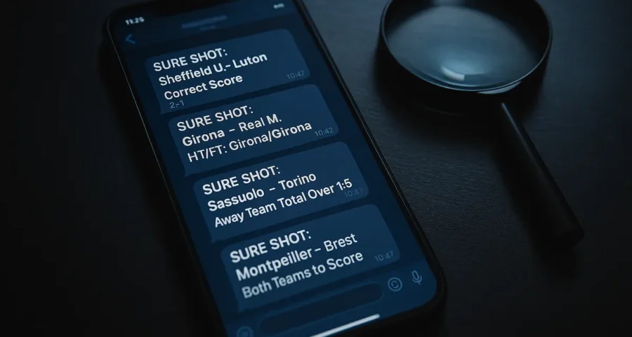 Phone screen filled with betting tipster prediction messages next to a magnifying glass