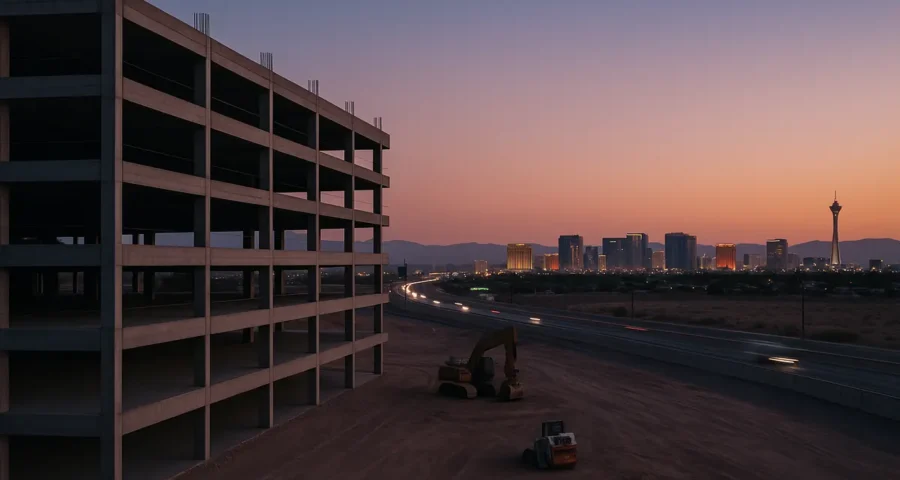 Stalled construction site near Interstate 15 with the Las Vegas skyline in the distance