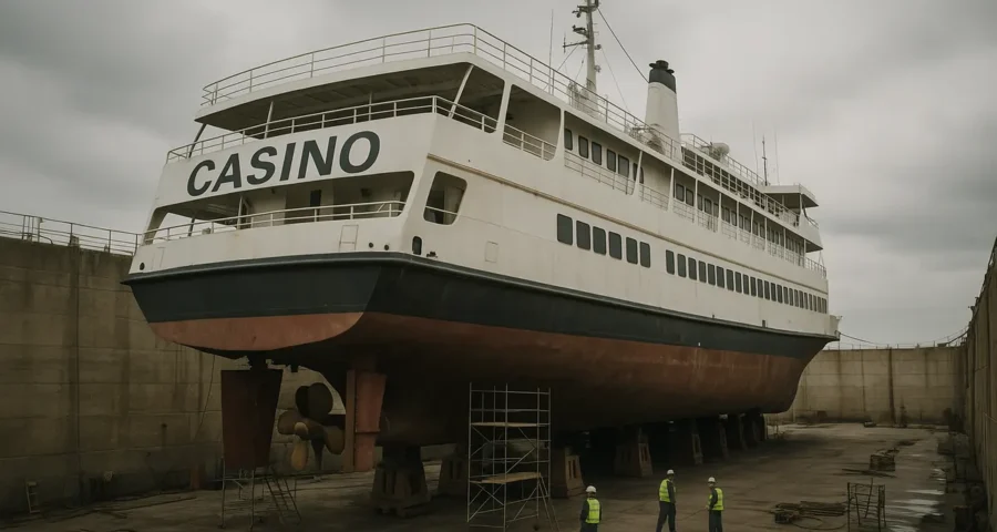 A day-cruise casino ship raised in a shipyard dry dock with its hull and propeller exposed for maintenance