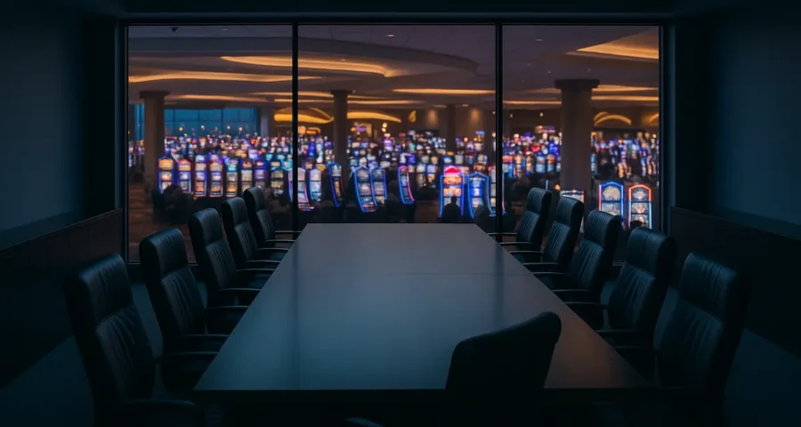 Empty casino boardroom overlooking a gaming floor, illustrating casino executive leadership changes