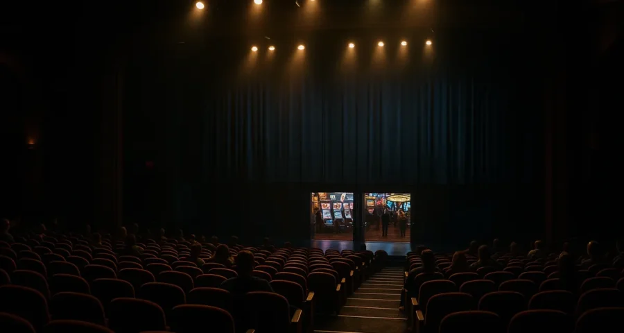 View from the back of a casino theatre with stage lights on and a gaming floor glowing beyond the doors
