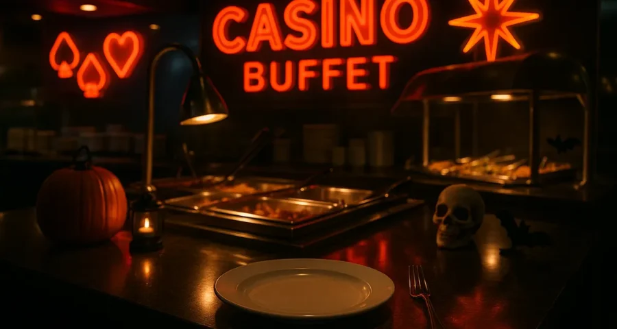Neon-lit Las Vegas casino buffet counter with an empty plate, illustrating a themed promotional campaign