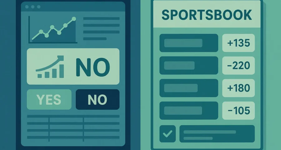 Illustration contrasting a binary event contract on a trading screen with a sportsbook betting slip
