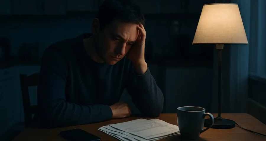 Person sitting at a table at night with bank statements and a phone face-down, representing problem gambling warning signs