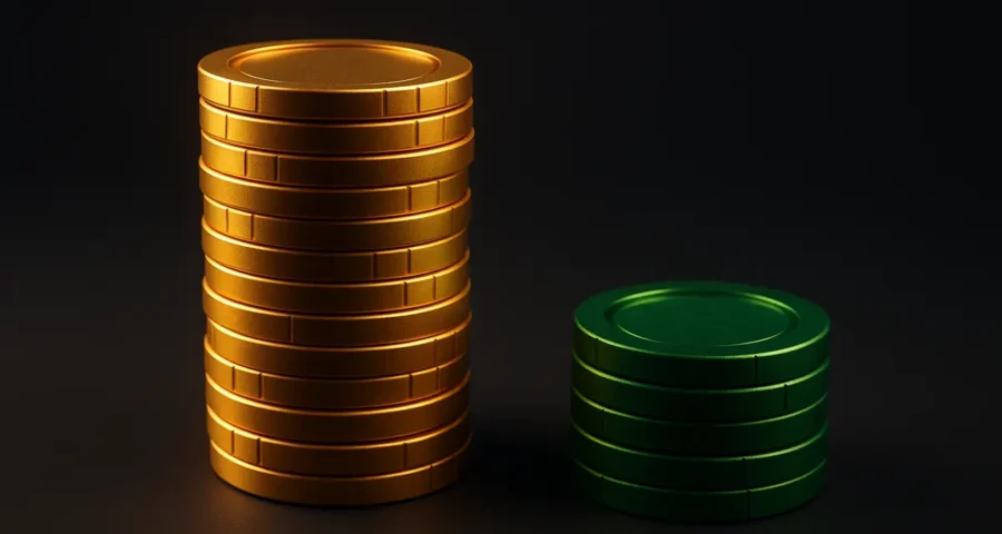 A tall stack of gold virtual coins beside a much smaller stack of green sweeps coins