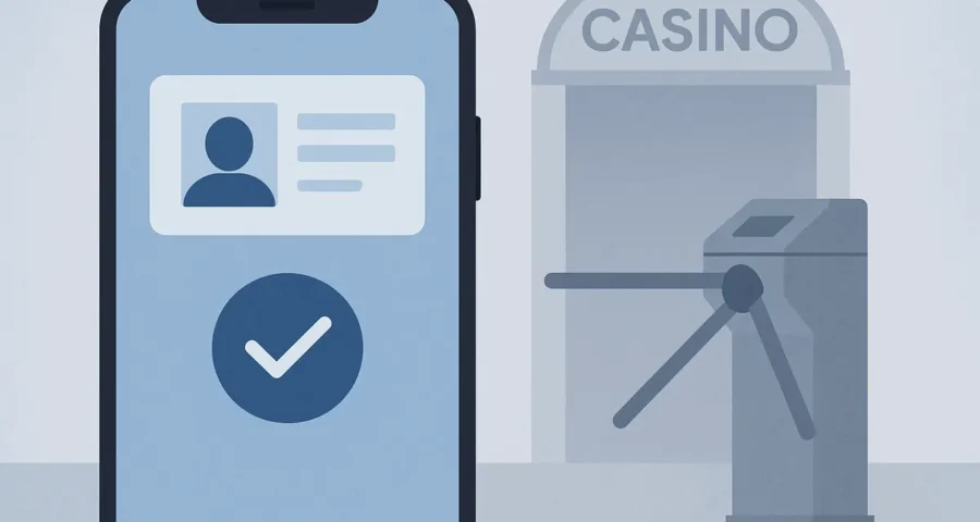 Smartphone showing an ID verification screen next to a casino entrance checkpoint, illustrating online age verification