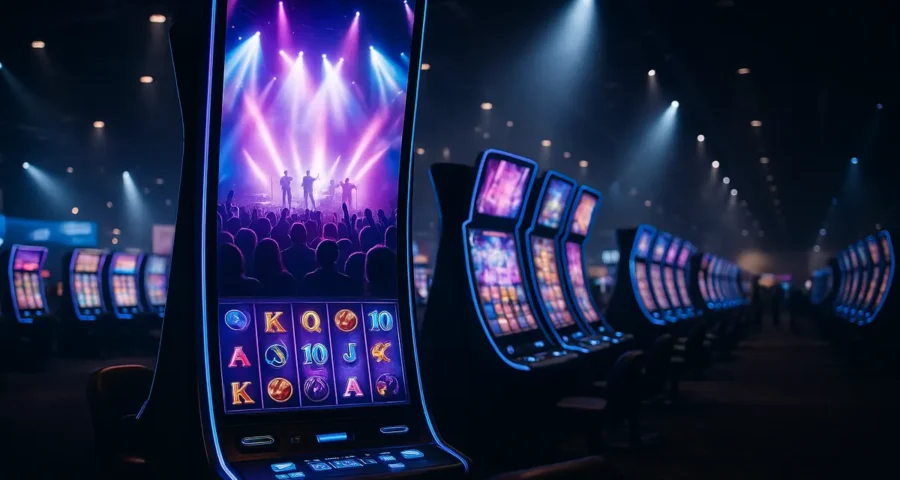 Tall curved-screen slot machine cabinet on a trade show casino floor lit by stage-style lighting