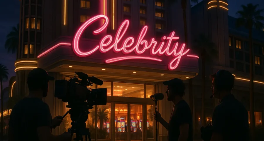 Neon-lit Las Vegas resort entrance with a TV camera filming outside and casino floor lights visible inside