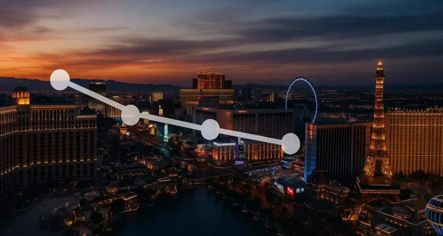 Las Vegas Strip at dusk with a flat revenue trend line overlaid, illustrating steady casino gaming revenue
