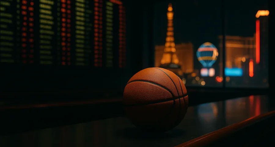 Basketball on a Las Vegas sportsbook counter in front of a glowing odds board