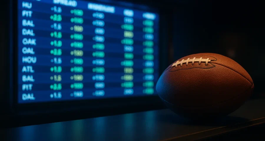 Sportsbook odds board displaying NFL point spreads and moneyline prices