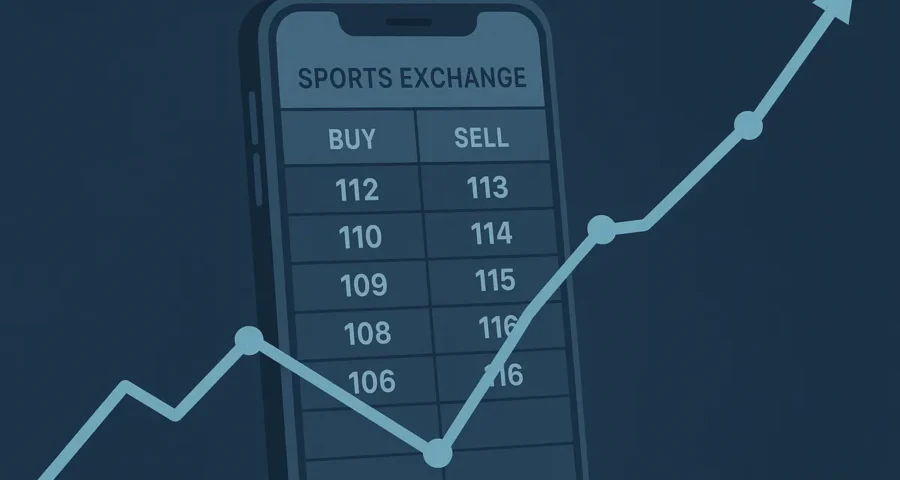 Smartphone showing a sports betting exchange order book beside a rising valuation chart