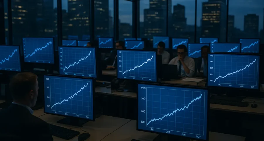 Trading floor screens displaying yes/no probability markets, illustrating institutional interest in prediction markets