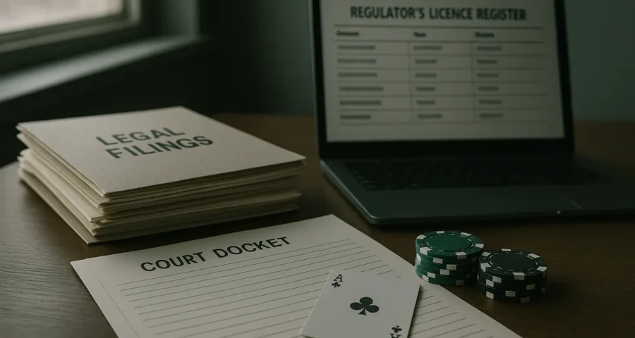 Legal documents and casino chips on a desk next to a laptop showing a gaming licence register