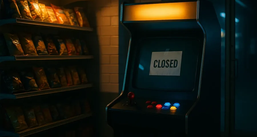 A skill game cabinet standing unused in a small convenience store