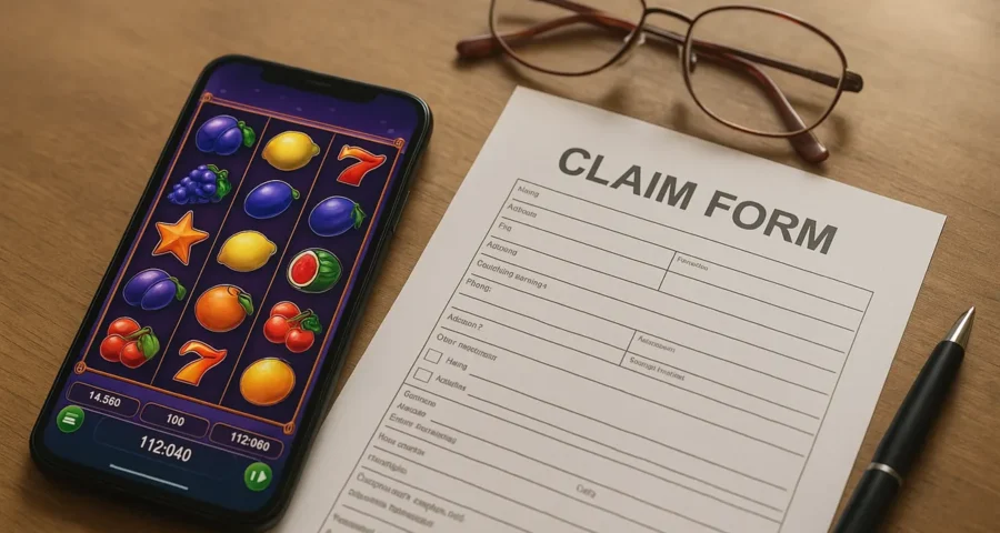 Smartphone with a social casino slot game next to a printed settlement claim form and pen