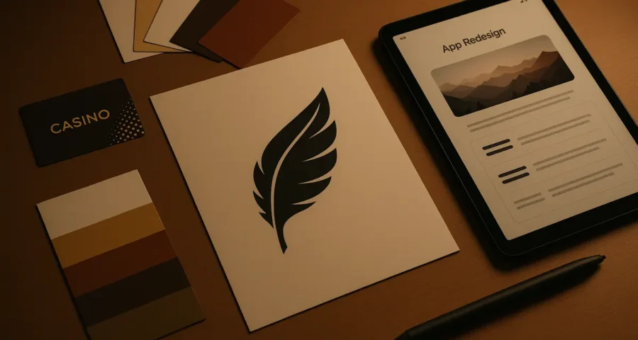 Logo sketches and loyalty card mockups on a designer's desk, illustrating a casino brand refresh